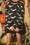 Gwmlk Dark Gothic Bat Pattern Knitted Sweater Y2K Punk Grunge E Girl Round Neck Long Sleeve Loose Street Torn Pullover