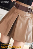 Gwmlk 2023 Autumn Winter Leather Skirt Women With Lining Korean Fashion Style High Waist Khaki Black A Line Mini Skirts Free Belt