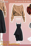 Gwmlk Autumn Fashion Large Size Suit Women's 2023 New Korean Knitted Sweater Irregular Suspender Dress Two-piece Suit