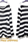 Gwmlk Punk Gothic Long Unisex Sweater Women 2023 Striped Hollow Out Hole Jumper Loose Black Streetwear Pullover Top Female