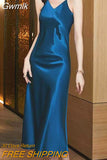 Gwmlk Elegant Silk Satin Dress for Women Fashion Backless Party Evening Maxi Dresses Woman Sexy V Neck Spaghetti Strap Dress