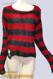 Gwmlk Gothic Long Unisex Sweater 2023 Summer Women Striped Cool Hollow Out Hole Broken Jumper Loose Rock Thin Dark Streetwear Top