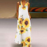 Gwmlk Station New Popular Style Lady's Bohemian Printed Sunflower Dress V-Collar Sleeveless Pocket Summer Dress