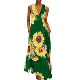 Gwmlk Station New Popular Style Lady's Bohemian Printed Sunflower Dress V-Collar Sleeveless Pocket Summer Dress