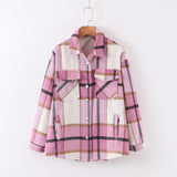 Gwmlk New Autumn Sanded Blouse Women's Lapel Single-Breasted Plaid Coat