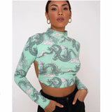 Gwmlk Street Dragon Printed Women T-Shirts Sexy Backless Crop Top Long Sleeve Bandage Tops High Neck Lace Up T-Shirt Graphic Tees