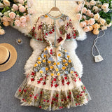 Gwmlk Retro Mesh Embroidery Dress Women Short Sleeve Ruffles A-line Dress Summer High Quality Elegant Chic Streetwear Dress