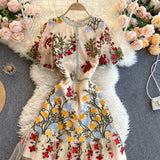 Gwmlk Retro Mesh Embroidery Dress Women Short Sleeve Ruffles A-line Dress Summer High Quality Elegant Chic Streetwear Dress