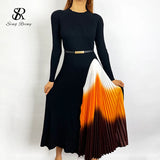 Gwmlk Women Elegant French Dress Design Splice Gradient Pleated A-line Knitted Dresses Autumn Fashion Streetwear Midi Dress