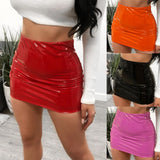 Gwmlk Women PU Leather Skirts Red Pink Orange High Waist Slim Pencil Skirts Vintage Bodycon Mini Skirts Sexy Clubwear