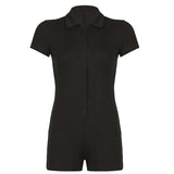 Gwmlk Playsuits Fashion Lady Summer Rompers Short Sleeve Sexy Bodycon Female Casual Bodysuit Lapel Neck Women's Outfits