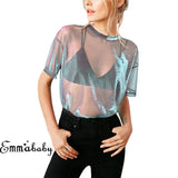 Gwmlk B-ling Transparent T Shirt Women Sheer Short Sleeve Mesh Top Tshirt Party Shirts Casual Loose Fashion T Shirt Women S-XL