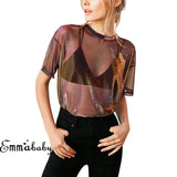 Gwmlk B-ling Transparent T Shirt Women Sheer Short Sleeve Mesh Top Tshirt Party Shirts Casual Loose Fashion T Shirt Women S-XL