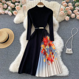 Gwmlk Women Elegant French Dress Design Splice Gradient Pleated A-line Knitted Dresses Autumn Fashion Streetwear Midi Dress