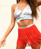 Gwmlk Women Sequin Tassel Tutu Skirt Rave Fringe Belly Dance Hip Scarf Wrap Skirt Club Mini Skirt Sexy Club party Clothing