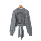 Gwmlk New Street Style Open-Back Knitted Sweater In Autumn Is Tied With A Bow.