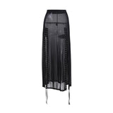 Gwmlk Sexy Perspective Net Gauze Splicing Forked Skirt Dark Wind High Waist Design Sense Long Skirt Woman