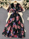 Gwmlk V-Necked Print Chiffon Dress Shows Lean Lotus Leaf Edge Short-Sleeved Waist First Love Fairy Skirt