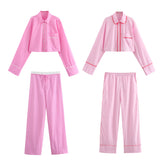 Gwmlk New Rolled-Edged Poplin Shirt Rolling-Edged Pajamas Style Pants Set