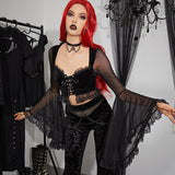 Gwmlk Strapped With Lace Spliced Horn Long-Sleeved Shirt Dark Slim Sexy Navel Cardigan T-Shirt