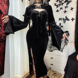 Gwmlk Halloween New Women's Dress Suit Hat Horn Sleeve Spider Web Dress