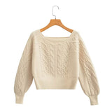 Gwmlk New Square Collar Long-Sleeved Twist Textured Short Sweater In Autumn