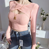 Gwmlk Knitted Kink Hollowed-Out Long-Sleeved Blouse 2024 Fall Women's Fashion Leisure Slim Bottomed Shirt