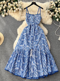 Gwmlk Style Printing Suspender Dress Women's Summer Hollowed-Out Fork Design Sense Of Minority Chic Super Fairy Dress