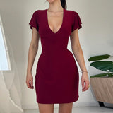 Gwmlk Sexy V Collar Waist Shows Thin Short-Sleeved Dress Temperament Slim Casual Pure Color Hip Skirt Woman