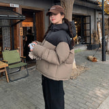 Bean Wind Spell Color Hooded Padded Clothes Female Short Style 2024 Winter New Fashion Loose Small Bread Jacket