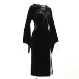 Gwmlk Halloween New Women's Dress Suit Hat Horn Sleeve Spider Web Dress