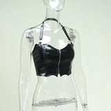 Gwmlk Dark Bat Halter Top Girl PU Sexy Hot Girl Navel Zipper Tight Beauty Back Sling