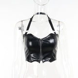 Gwmlk Dark Bat Halter Top Girl PU Sexy Hot Girl Navel Zipper Tight Beauty Back Sling