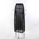 Gwmlk Sexy Perspective Net Gauze Splicing Forked Skirt Dark Wind High Waist Design Sense Long Skirt Woman