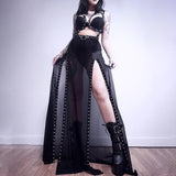 Gwmlk Sexy Perspective Net Gauze Splicing Forked Skirt Dark Wind High Waist Design Sense Long Skirt Woman