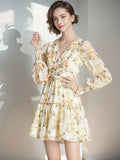 Gwmlk Court Style Lantern Sleeve V Collar Waist Shows Thin Medium And Long A Word Lotus Leaf Edge Printed Chiffon Dress