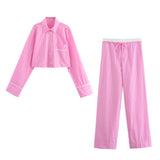 Gwmlk New Rolled-Edged Poplin Shirt Rolling-Edged Pajamas Style Pants Set