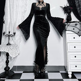 Gwmlk Autumn Style New Style Slim Velvet Dress With Dark Goth Horn Sleeves Tied With Forks