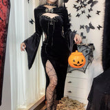 Gwmlk Halloween New Women's Dress Suit Hat Horn Sleeve Spider Web Dress