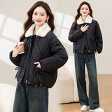 Style Cotton-Padded Clothes Women 2024 New Winter New Chinese Cotton-Padded Jacket Bow Splicing Wool Collar Thick Coat Women's Clothing