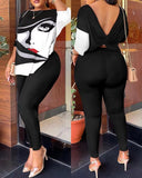 Gwmlk Autumn New Women's Fashion Leisure Bare-Back Printed Trousers Suit