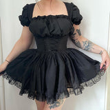 Gwmlk Shoulder Lace Spliced Dress Dark Style Waist Shows A Thin And Fluffy Short Skirt Woman