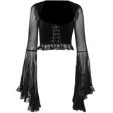 Gwmlk Strapped With Lace Spliced Horn Long-Sleeved Shirt Dark Slim Sexy Navel Cardigan T-Shirt