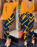 Gwmlk Autumn New Women's Fashion Leisure Bare-Back Printed Trousers Suit