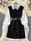 Gwmlk Style Fragrant Style Suit Design Feeling Minority White Shirt Skirt Knitted Vest Skirt Folded And Waist Two-Piece Set