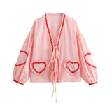 Gwmlk Spring Style Casual Loose Plaid Love Ribbon Lace Shirt