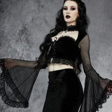 Gwmlk Strapped With Lace Spliced Horn Long-Sleeved Shirt Dark Slim Sexy Navel Cardigan T-Shirt