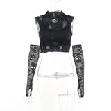 Gwmlk Dark Wind Netting Skull Lace Vest Two-Piece Set Spring Ins Sexy Inner Suit