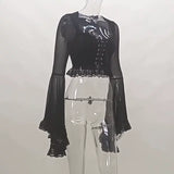 Gwmlk Strapped With Lace Spliced Horn Long-Sleeved Shirt Dark Slim Sexy Navel Cardigan T-Shirt