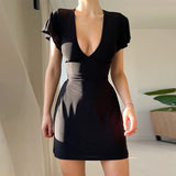 Gwmlk Sexy V Collar Waist Shows Thin Short-Sleeved Dress Temperament Slim Casual Pure Color Hip Skirt Woman